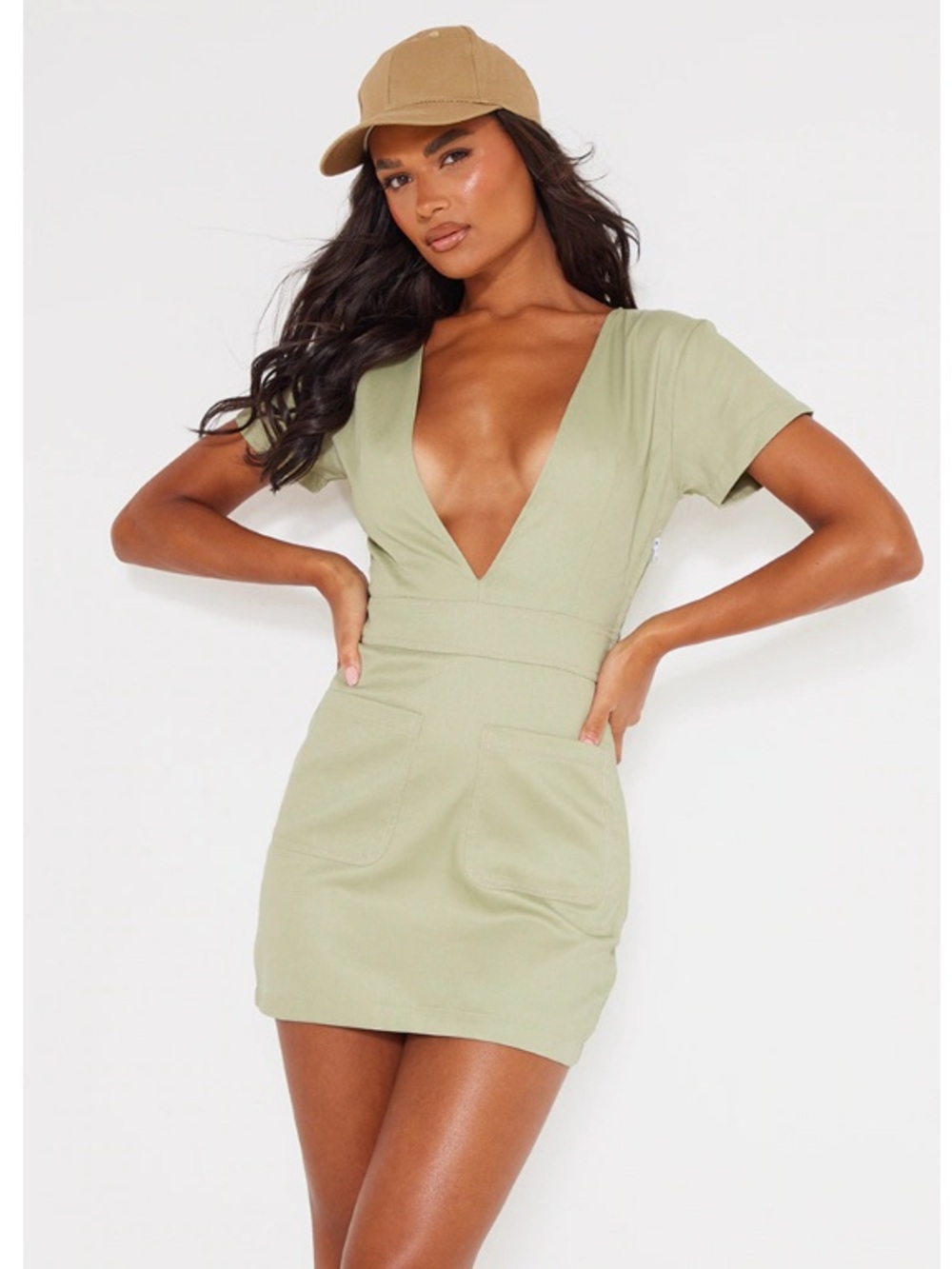 PrettyLittleThing Olive Green Deep V-Neck Utility Dress NWT size 0 XS